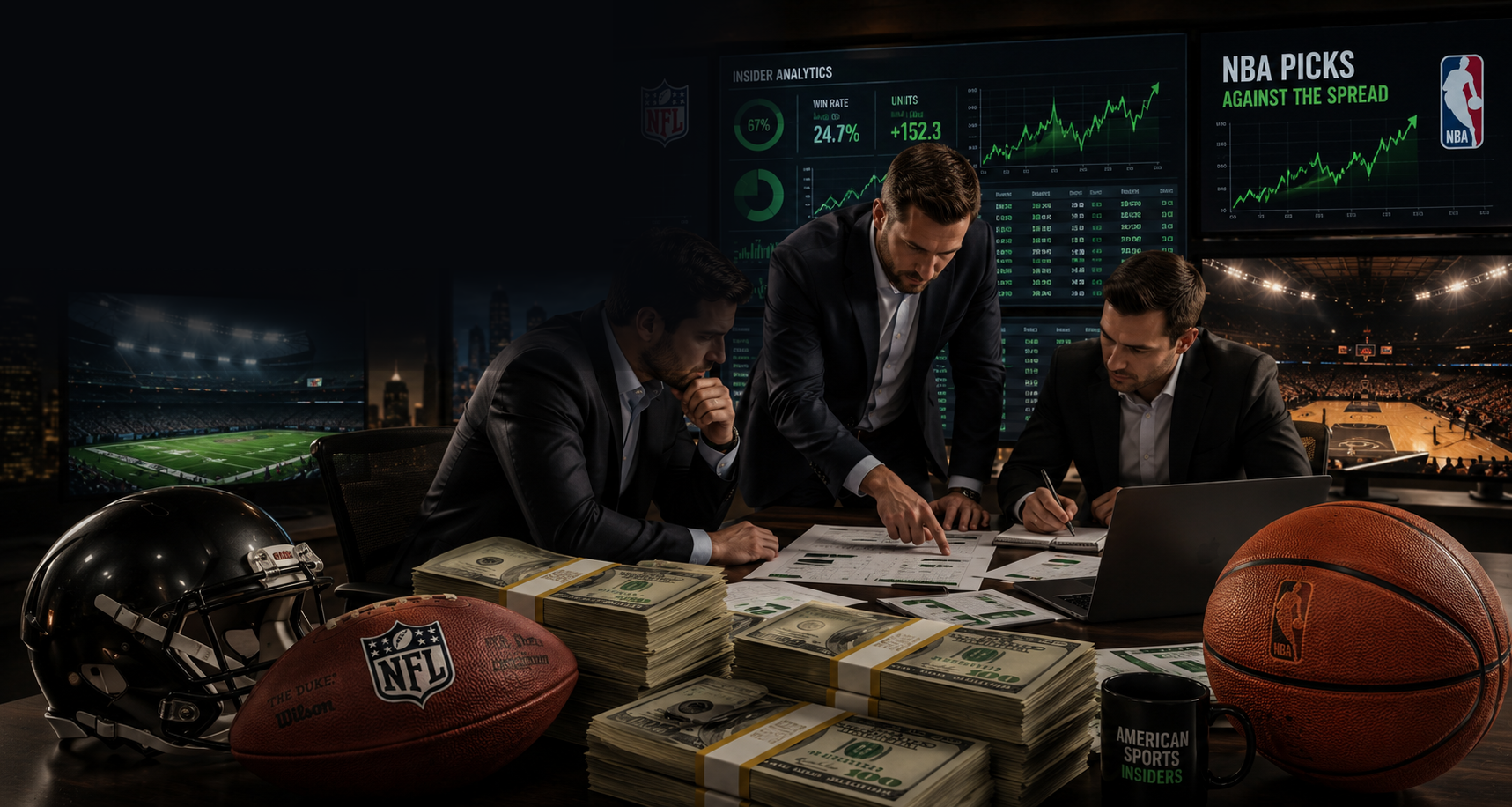 American Sports Insiders war room with NFL football, NBA basketball, and stacks of cash