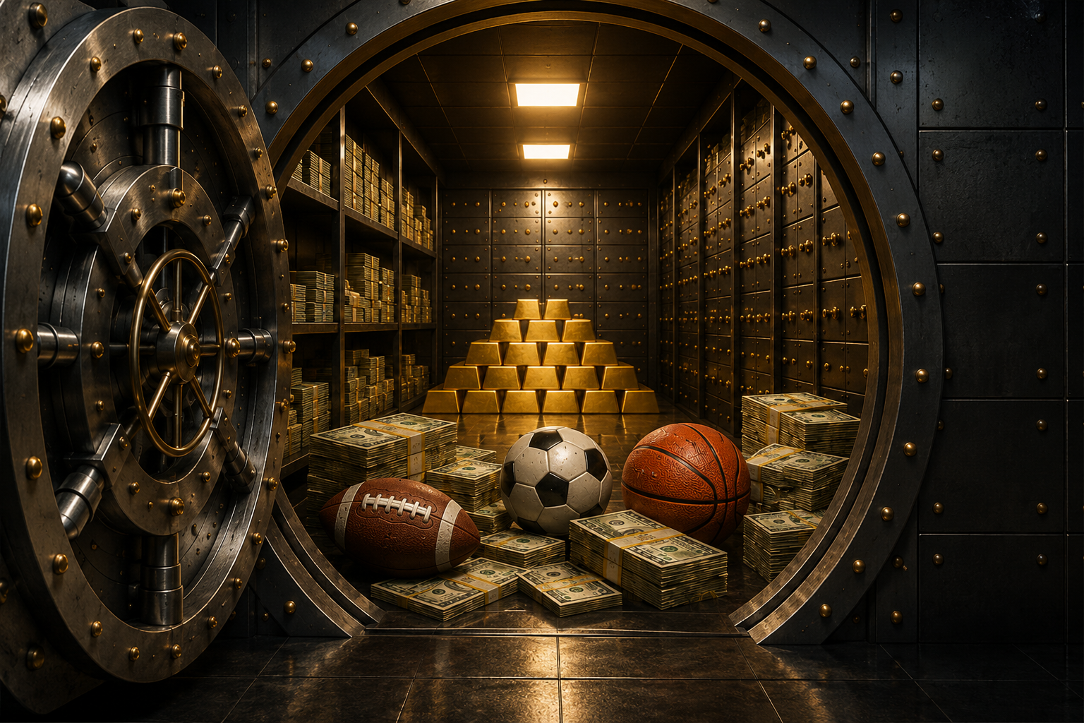 Open bank vault door revealing gold bars and rows of safe deposit boxes inside